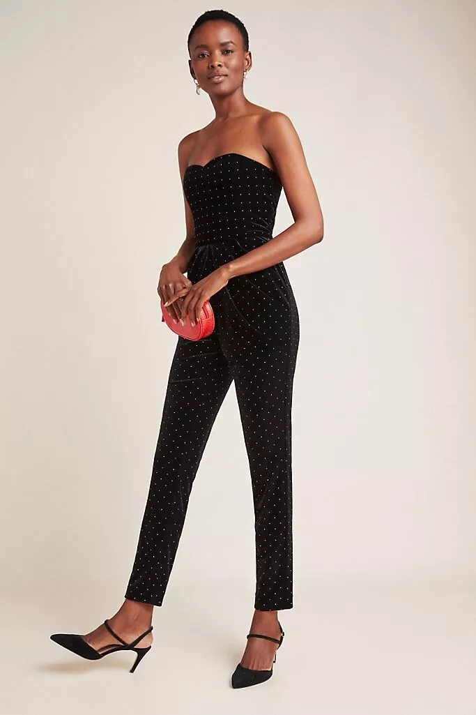 NWT ANTHROPOLOGIE ML MONIQUE LHUILLIER Sz 10 STUDDED VELVET JUMPSUIT BLACK