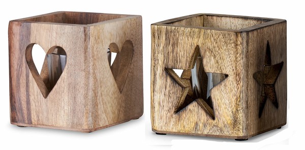 2Er Set Windlicht Stern Herz 9Cm Mangoholz Teelicht Teelichthalter Kerze-image