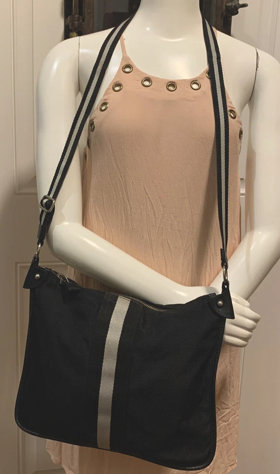 Auth. BALLY Comollia Gray Stripe Canvas/Leather Trim Flat Crossbody Bag - Image 2 of 4