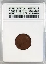 1922 D Lincoln Cent, Weak D, Die 3 certified Net VG 8 by ANACS! 