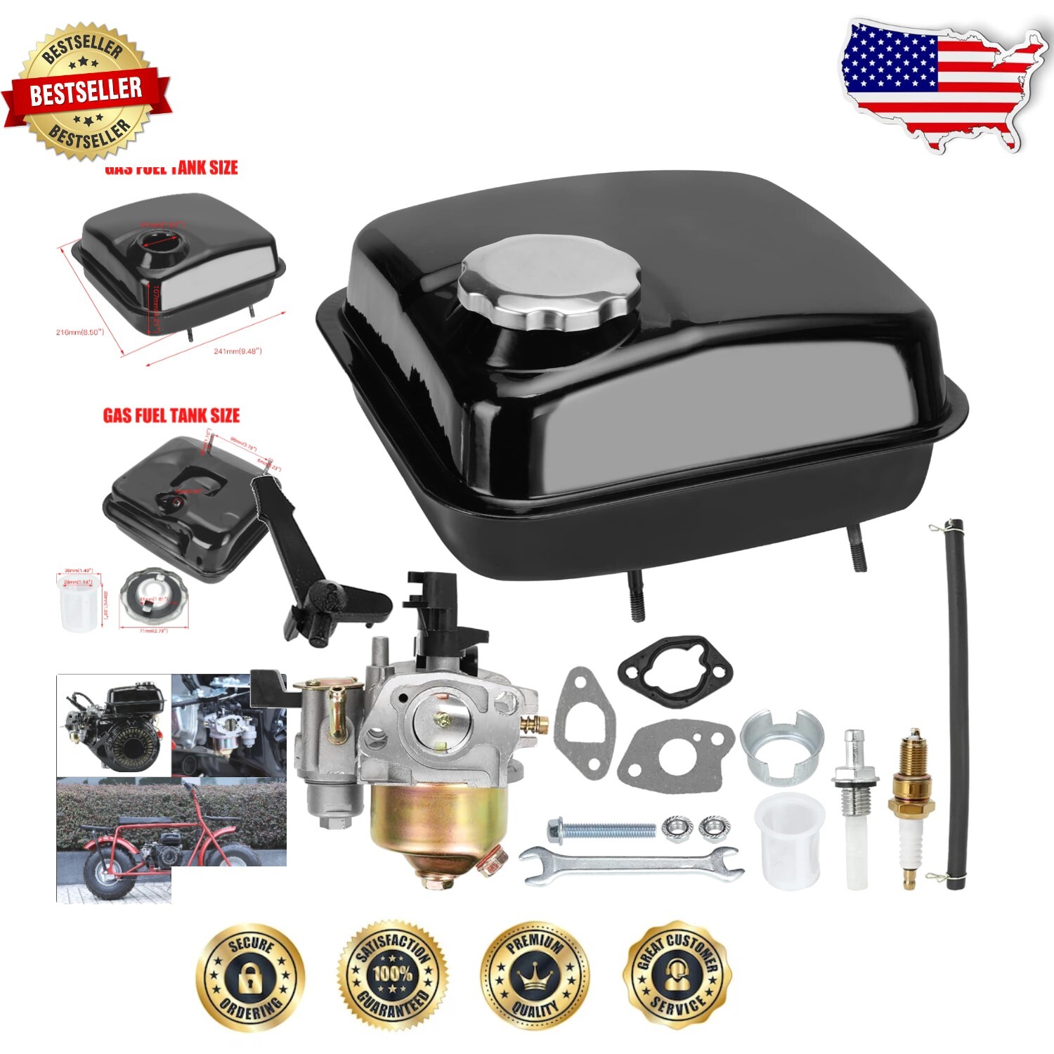 Performance Gas Fuel Tank Carburetor Kit for Go Karts & Mini Bikes 0.8 Gallon