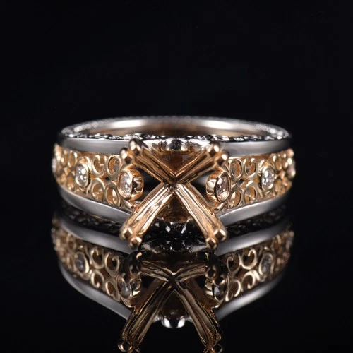 Court Style Round Cut 10mm Semi Mount Natural Diamond Band Ring 14 2-Tone Gold