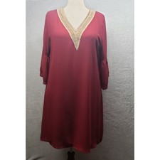 NWT Hotouch Burgundy Trapeze Dress M Crochet Boho Bell Sleeve Flowy Swing