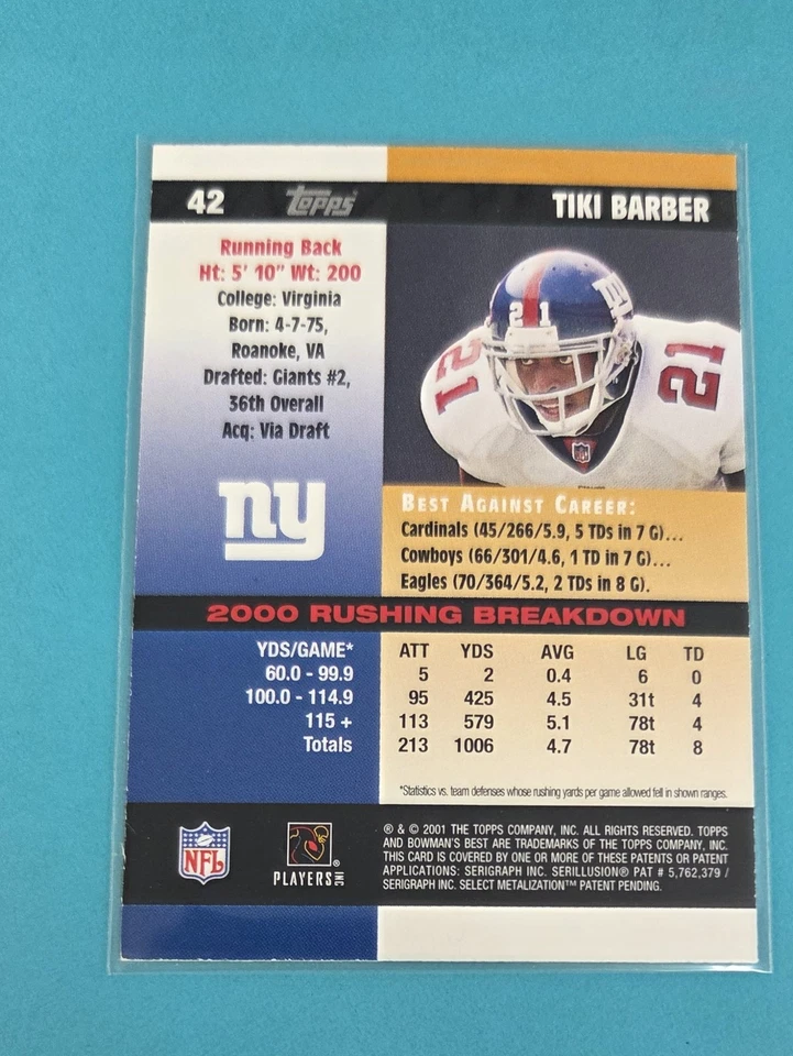 2001 Bowman's Best #42 Tiki Barber New York Giants FOOTBALL Card 3F - Image 2 of 2