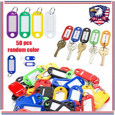 50 Plastic Key Tags Metal Ring Luggage Card Name Label Keychain Split Rings - US