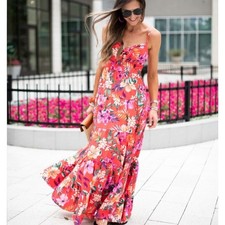 Eliza J Floral Tie Front Tiered Maxi Dress Red Pink Tropical Print Size 10