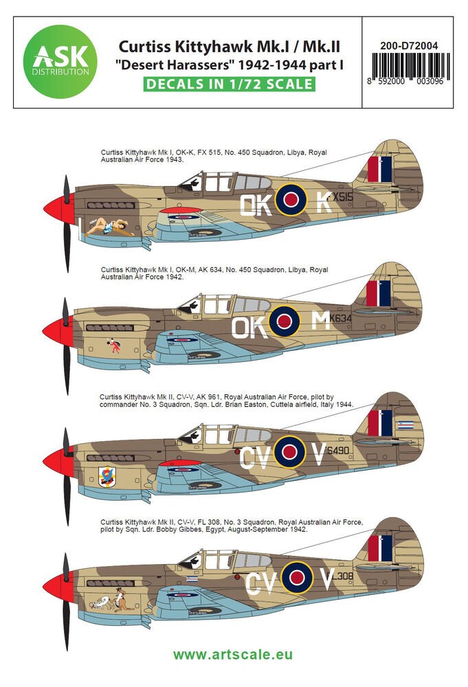Art Scale Kit 200-D72004 - 1:72 Curtiss Kittyhawk Mk.I / Mk.II Desert Harassers