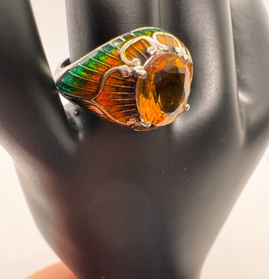 Jugendstil Sterling Silber Citrin Ring Emaille geflügeltes Design 925 KHR Kunsthandwerk