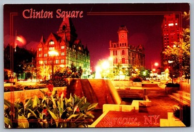 Postcard 1980s Syracuse NY Clinton Square Night Cityscape