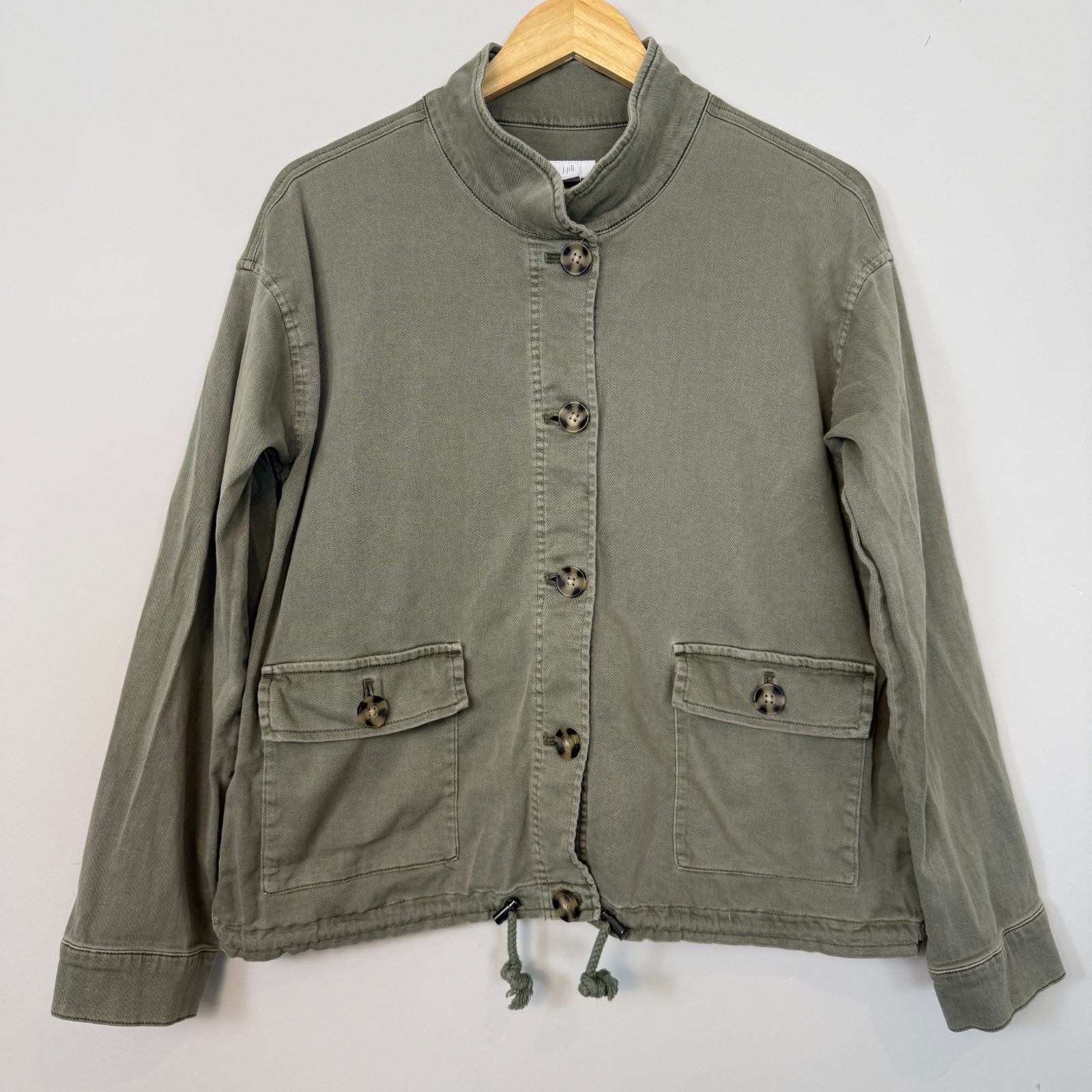 J Jill Relaxed Utility Jacket Womens M Olive Green Button Up Pockets Drawstring