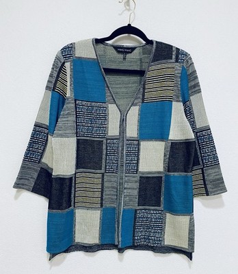 Ming Wang Cardigan Sweater Womens Large Graphic Patchwork Knit Retro Mod Y2K