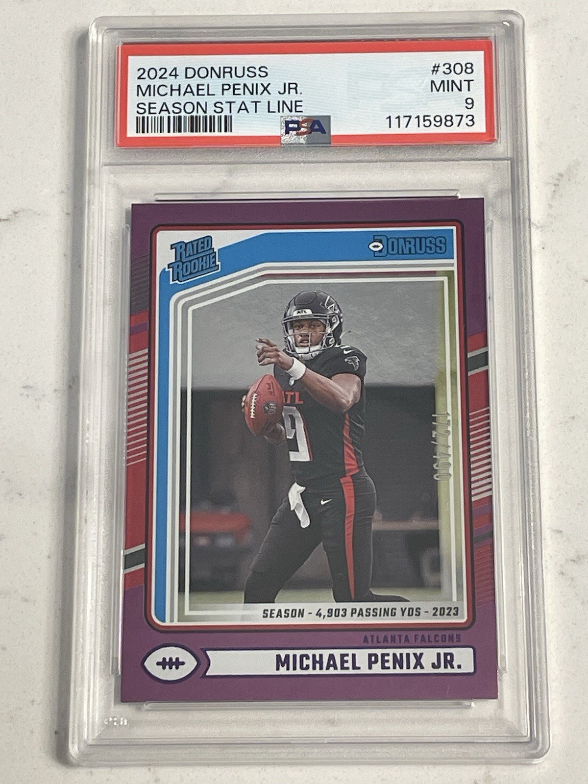 2024 Donruss - Rated Rookie Michael Penix Jr. #308 Season Stat Line /490 - PSA 9