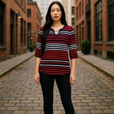 New Naif Petite Womens PM Striped 3/4 Roll Tab Sleeve Pullover Blouse Shirt Top