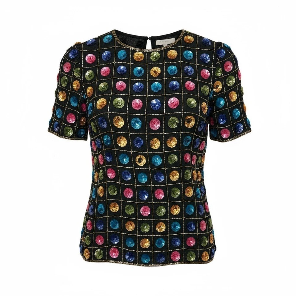 Винтажная разноцветная блузка с геометрическим узором Leslie Fay. Раковина из 100% шелка. Женские L - Изображение 2 из 4