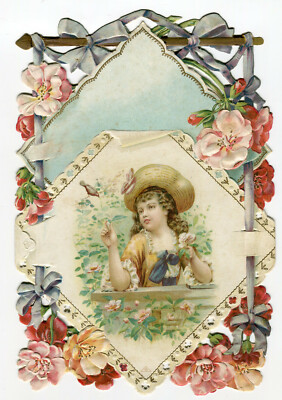 Oblaten scrap die cut chromo Prägebild / Mädchen Vogel Blumenumrandung 22 cm