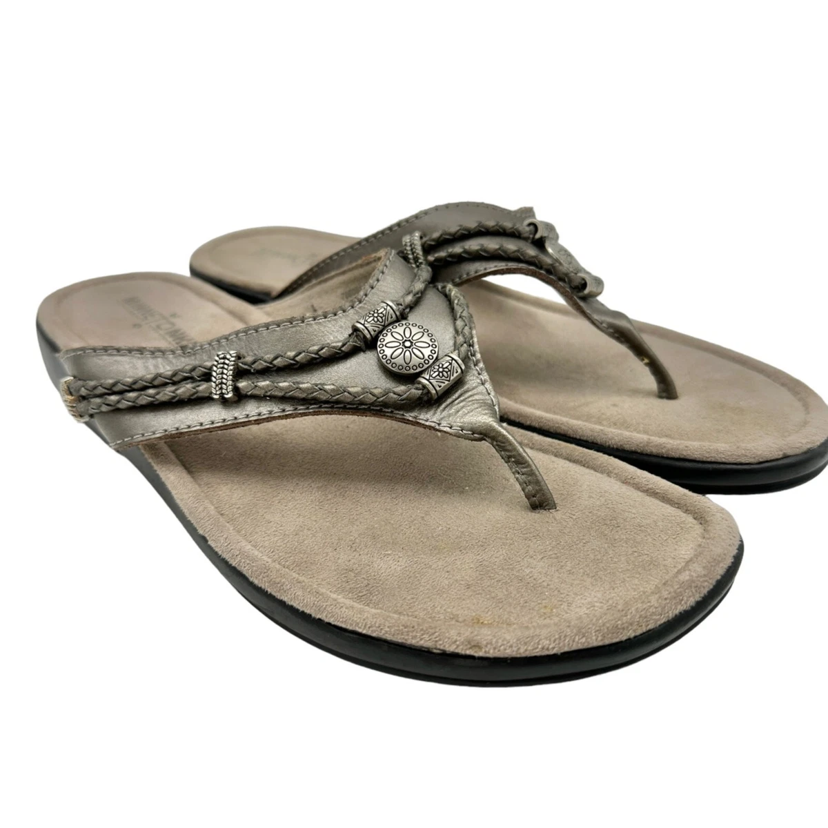 Minnetonka Sandals Women s 10 Pewter Leather Upper with Silver