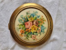 Vintage Floral Brass rounded mirrored compact MADE IN USA