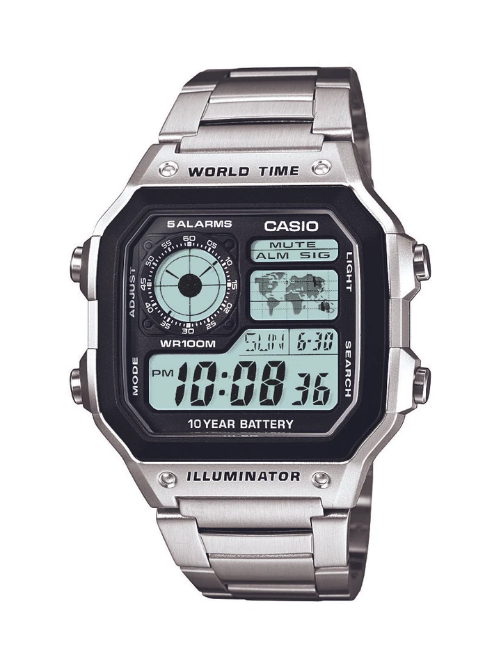 Casio Men's Quartz Multifunction Silver-Tone Bracelet 42mm Watch AE1200WHD-1A