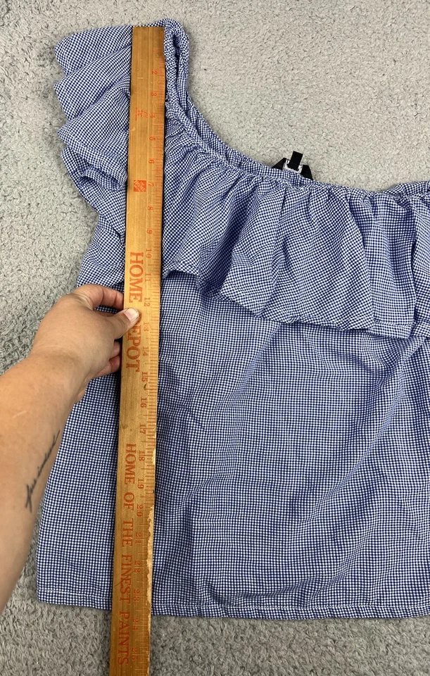 Joe's Jeans Collection Top Medium Shirt One Shoulder Gingham Plaid Ruffle Blue - Image 3 of 4