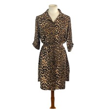 Millenium Womans Button Down Dress Size L Animal Print Belted Collar