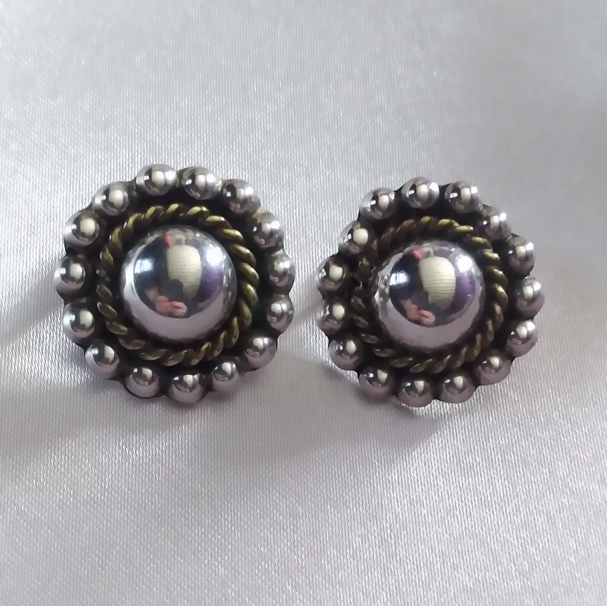 Vintage Mexico Sterling Silver 925 & Brass Pebble Clip Earrings #1445