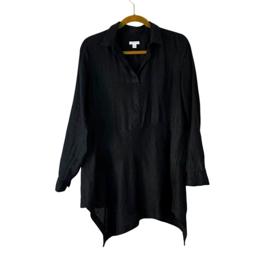 J Jill Love Linen Long Sleeve Asymmetrical Hem Black Tunic Blouse Size Small