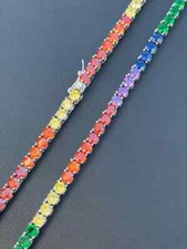 Tennis Chain SOLID 925 Sterling Silver Single Row Rainbow CZ Necklace