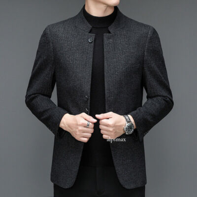 Mens Tweed Suit Blazer Jacket Coat Mandarin Collar Single-Breasted 