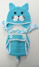 BABY HAT CAT DIAPER COVER SET CROCHET knit infant toddler beanie photo prop