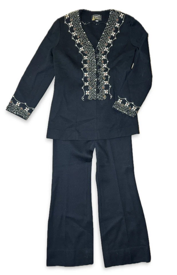 1960’s Vintage Black Woolen Suit Ornate Beading Cardigan and pants size 12 - Image 2 of 4