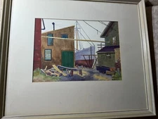 E.J Saylor "Boatyard Scene" Watercolor Painting #1 - Signed And Framed