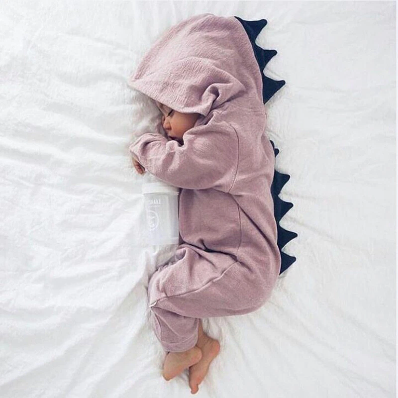 Infant Kids Dinosaur Muslin Hooded Jumpsuit Cute Baby Clothes Purple