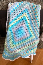 Handmade Crochet Granny Square Blanket Afghan Wrap Chunky Baby Blue Multi 33x33"