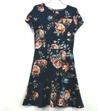 Love...Ady Womens Floral Short Cap Sleeve Flounce Dress Navy Crew Neck Knit L