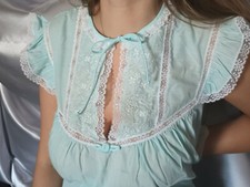 VTG Baby Blue Coquette Organic Cotton Lace Flutter Nightgown Cottagecore NWT 42