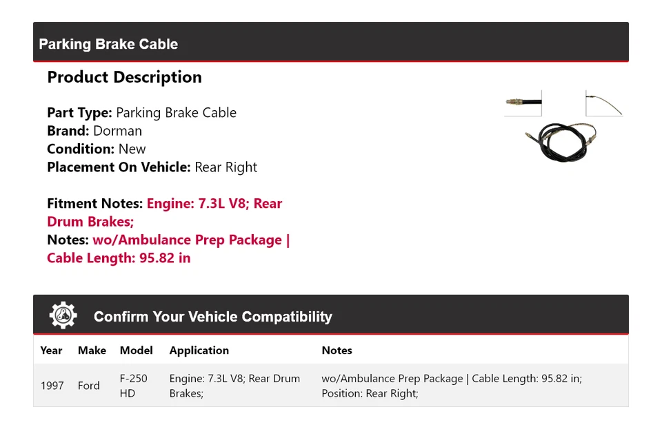Cable de freno de estacionamiento trasero derecho Ford F-250 HD 1997 7,3 L V8 Dorman Foto 2 de 4