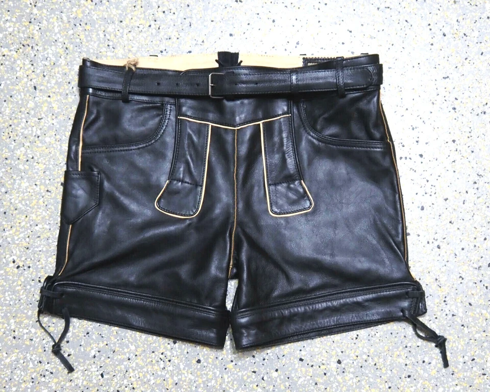 kurze Glattleder Büffelleder Hose Pfadfinder von 44 bis 64 mit Latz Vintage - Bild 1 von 4