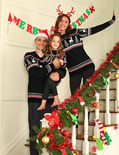 Family Matching Christmas Sweater Elk Christmas Tree Print 3-4T Kids Black - Picture 4 of 5