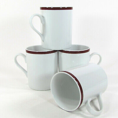 Nice set of Williams Sonoma Brasserie Maroon Red Stripe Coffee Mugs 4