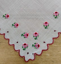 Vgt White Batiste Burgundy Scalloped Embroidered Hems Hankie Handkerchief