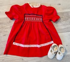 Polly Flinders vintage hand smocked Christmas dress, red, toddler, holiday