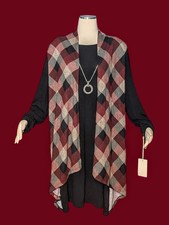 HAANI Cardigan Jacket Dress Burgundy Plaid RHINESTONE Necklace Women's PLUS 3X
