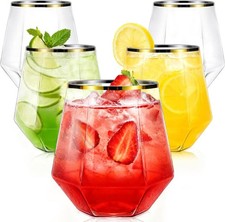 40 Pcak Plastic Stemless Wine cocktail Whiskey Champagne Glasses, 12 Oz Gold Rim