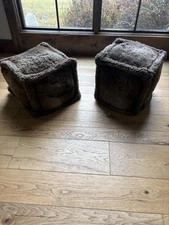 Vtg Restoration Hardware Child Lux Faux Fur Chocolate 12”Square Pouf Footrest