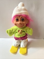 Vintage Russ Born To Ski Troll Doll Pink Hair 6" With Skis No Poles