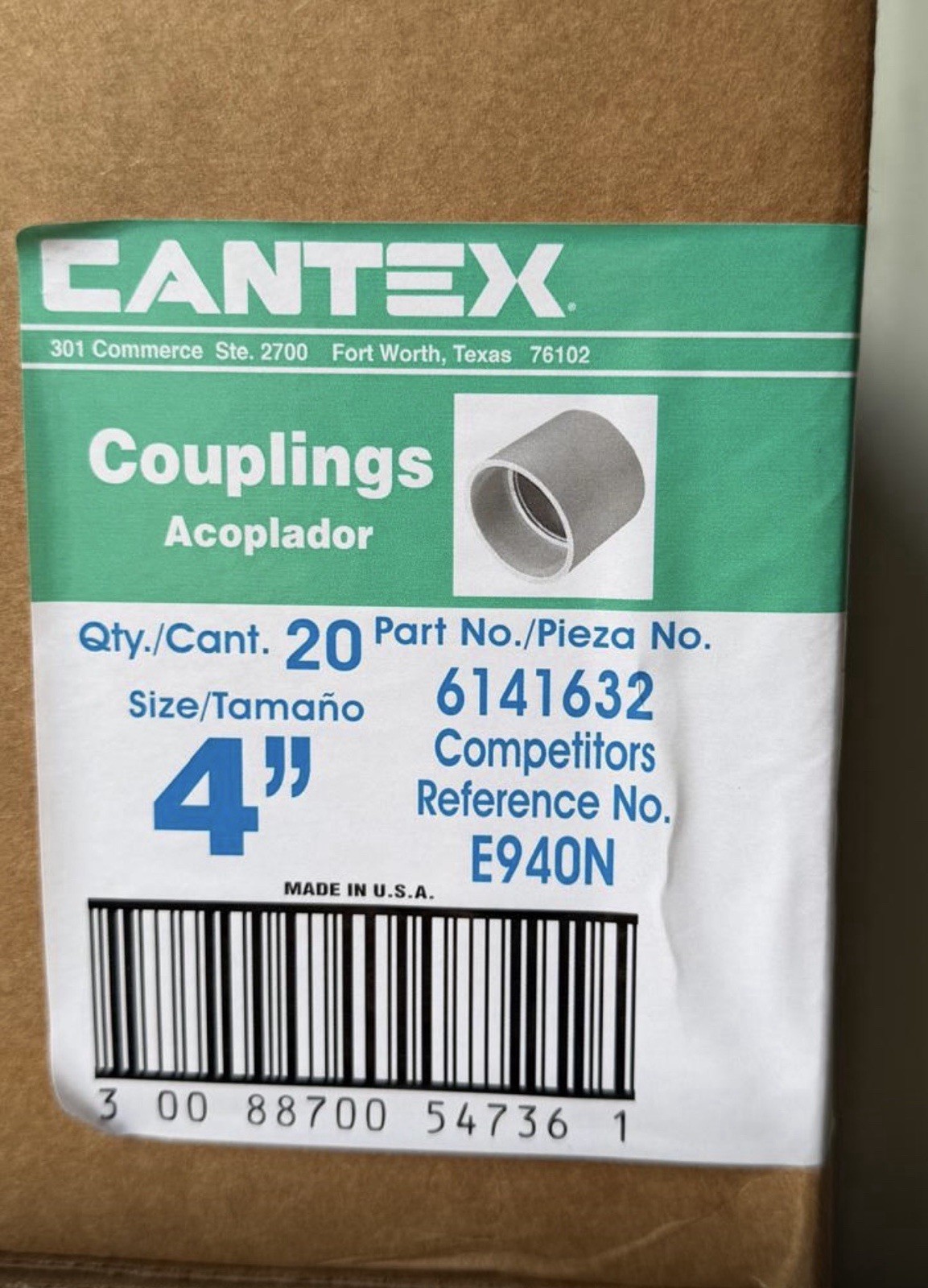 Cantex  4” PVC  Couplings,  20 PACK, schedule-40.