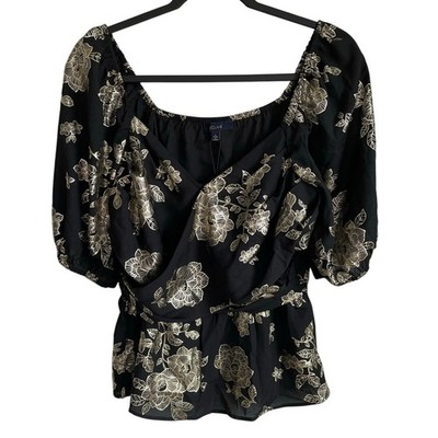 Eclair NWT Top Faux Wrap Sz L Black Gold Metallic Floral Puff Sleeves Peplum