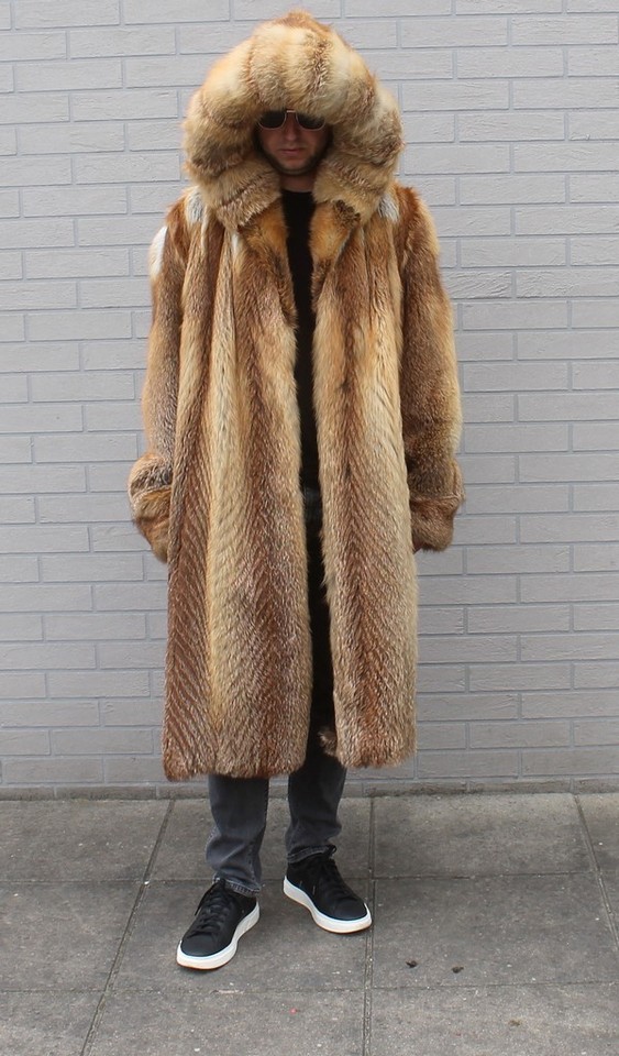 Men's 100% Ranch American Fox Fur Jacket With Hood Coat Outwear 2XL/3XL ...