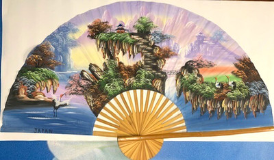 Japanese Wall Fan Crane Pagoda Bonsai Pictorial Scene Hand Painted 4.5 FT WIDE!!