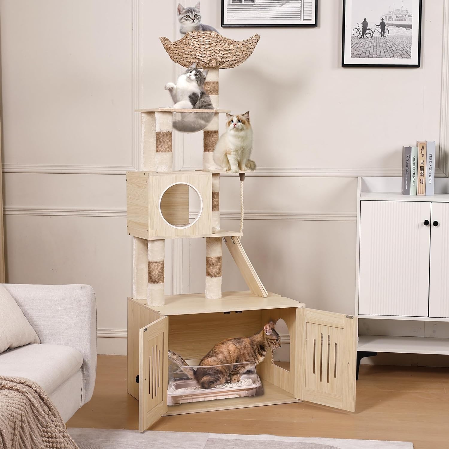 Cat Tree Litter Box Enclosure Cat Tower w/ House Ladder Scratching Post Condo